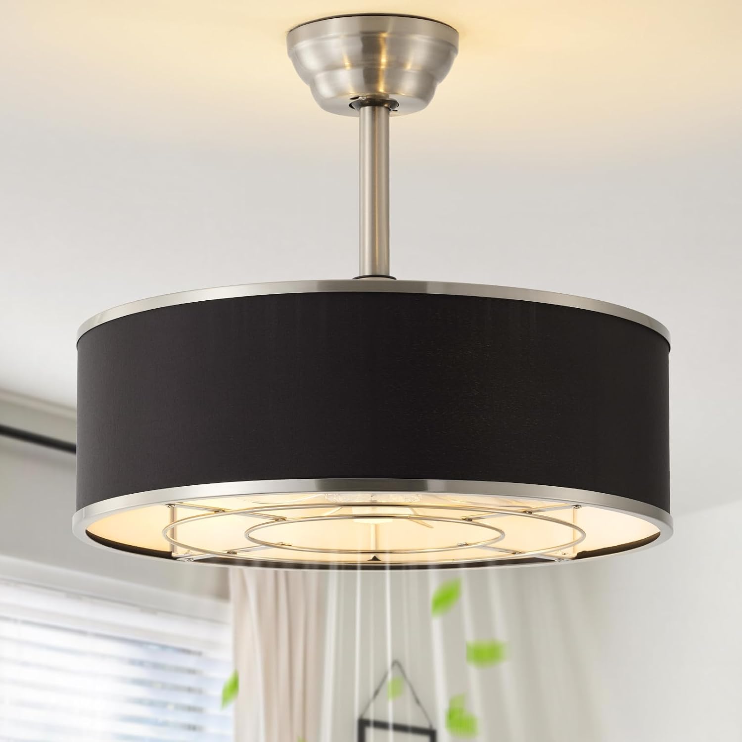 20' Black and Sliver Caged Boho Fandelier Ceiling Fan with Light & Remote Control - Bladeless Chandelier Fan, 6 Speed Quiet Reversible Motor for Bedroom, Nursery, Living Room