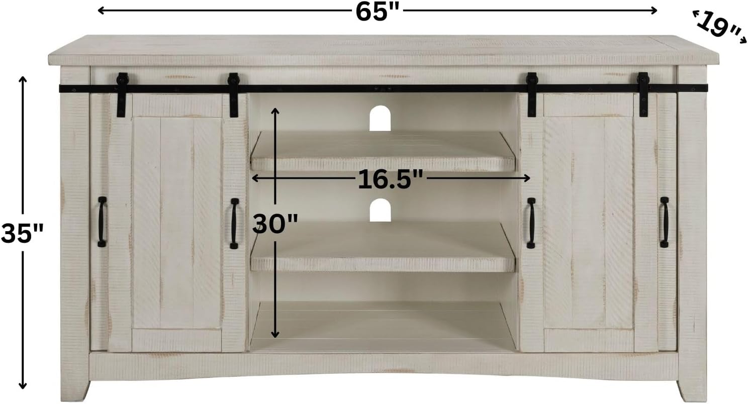 Martin Svensson Home 65' Solid Pine Wood Entertainment Center with Storage. Rustic TV Stand for TVs up to 70.' Sliding Doors, Adjustable Shelves & Cable Management – White Finish