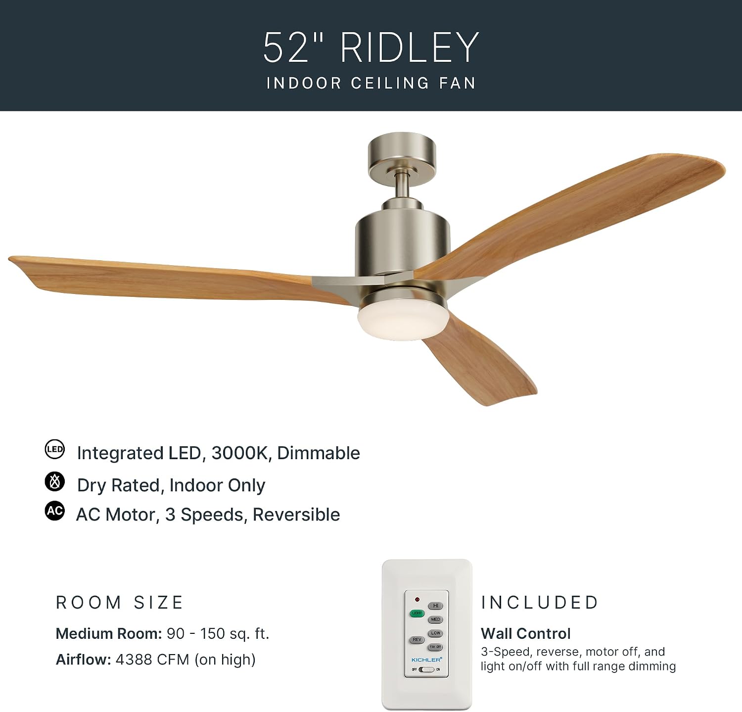 Kichler Ridley II 52 in Ceiling Fan with Light, 3-Blade LED Indoor Fan with Etched Cased Opal Glass in Brushed Stainless Steel, Medium Oak Blades for Living Room, 300027BSS