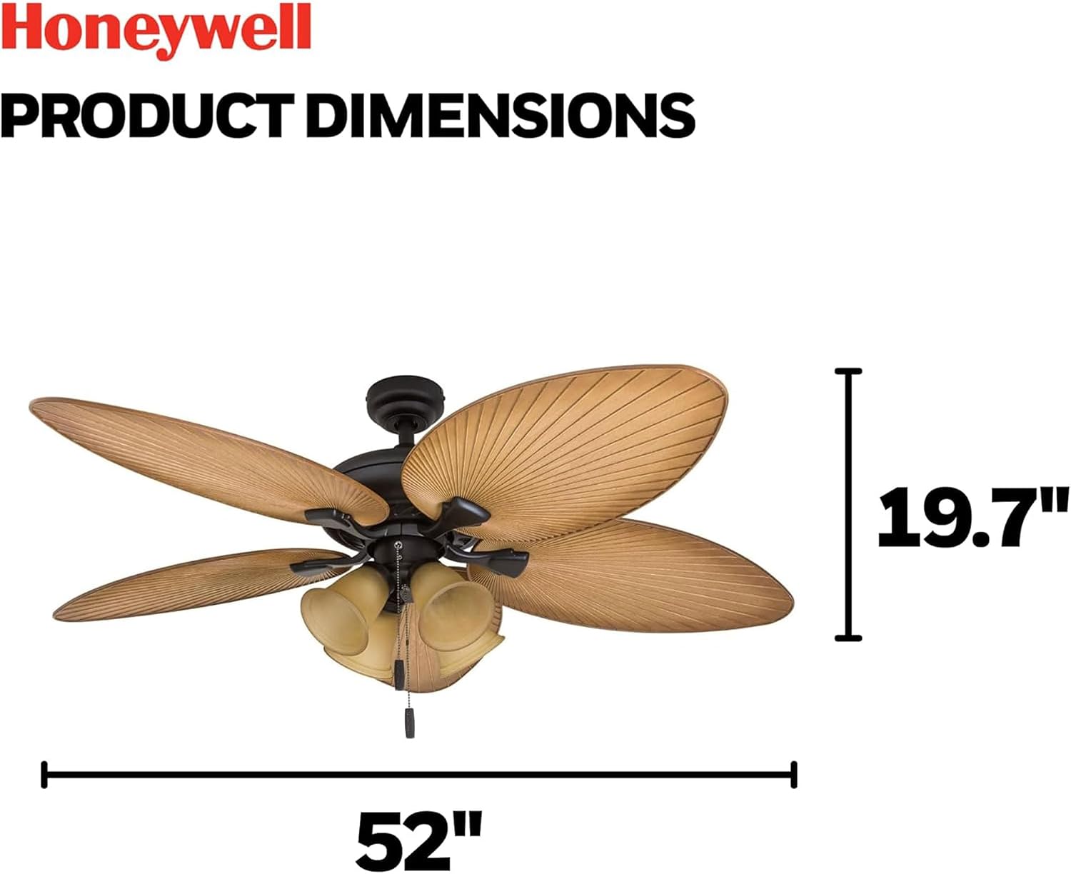 Honeywell Ceiling Fans Palm Valley, 52 Inch Tropical Indoor Outdoor Ceiling Fan with Light, Pull Chain, Three Mounting Options, 5 Palm Leaf Blades, Reversible Motor - 50506-01 (Bronze)