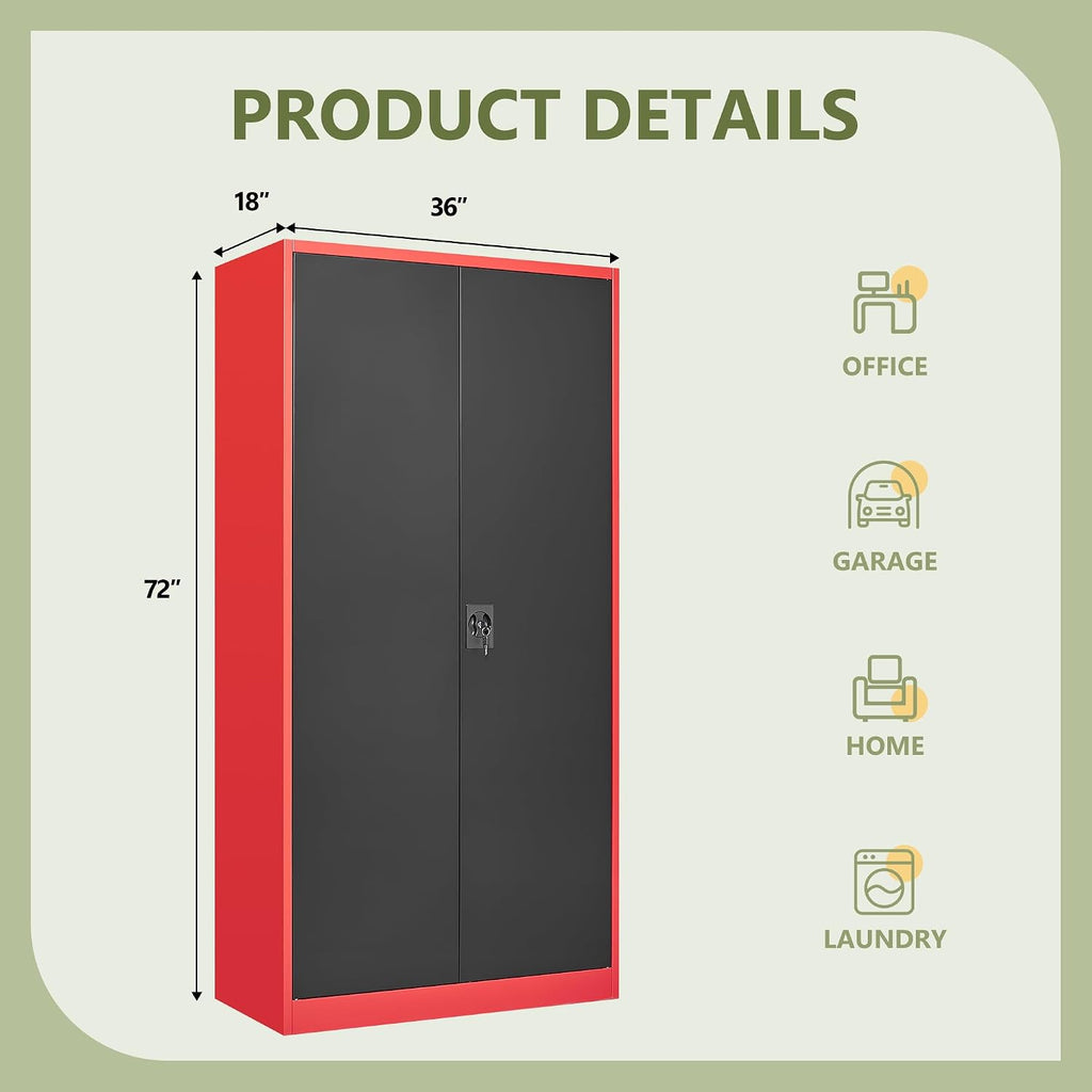 RAVIGIN Metal Garage Storage Cabinet with Lock, 72' Locking Tool Cabinet with 2 Doors and 5 Adjustable Shelves, Tall Steel Cabinet Garage for Home,Office,Warehouse，School (Red Black)