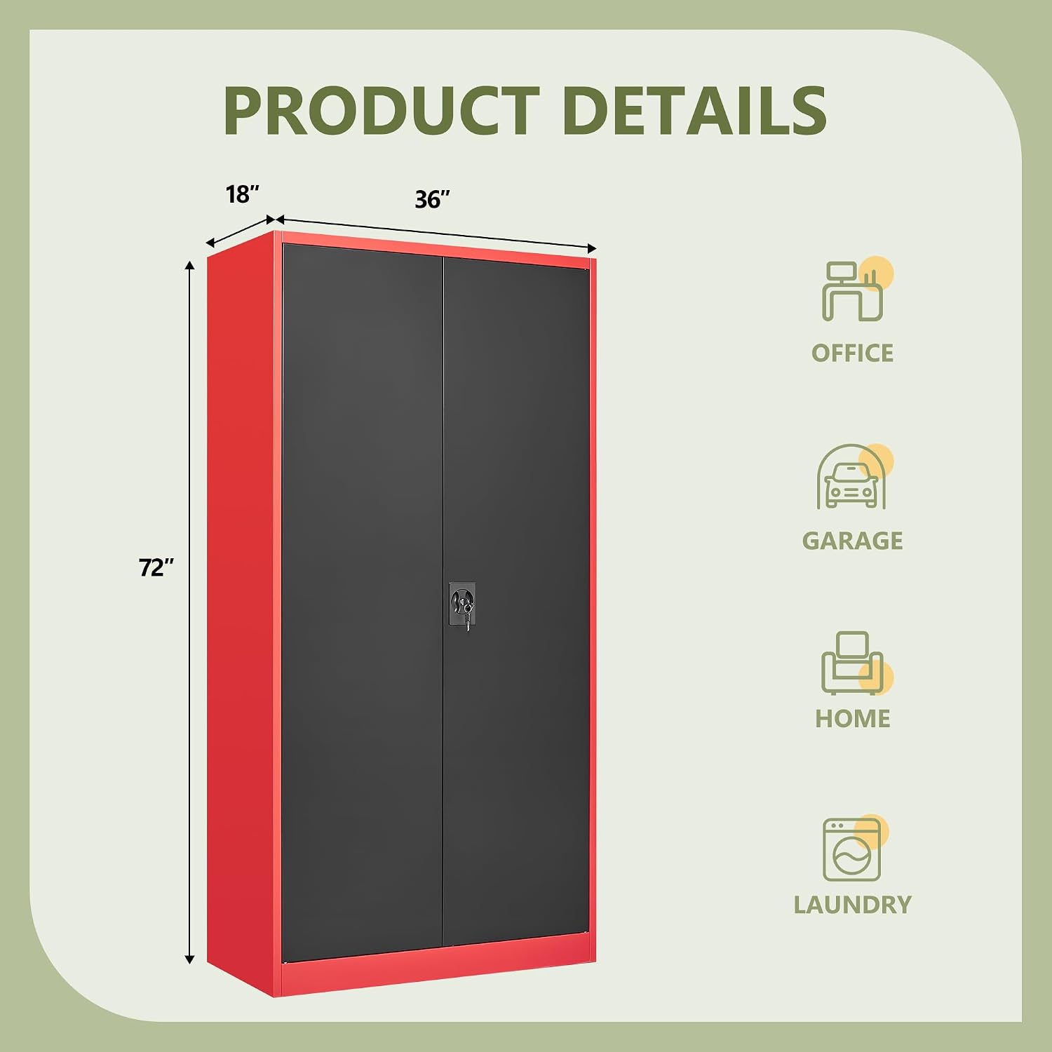 RAVIGIN Metal Garage Storage Cabinet with Lock, 72' Locking Tool Cabinet with 2 Doors and 5 Adjustable Shelves, Tall Steel Cabinet Garage for Home,Office,Warehouse，School (Red Black)