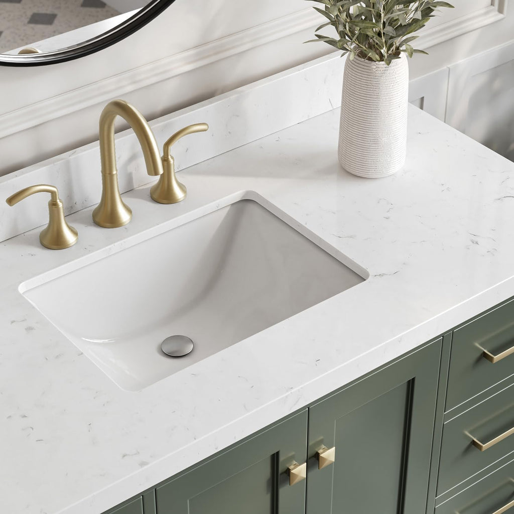 ARIEL Cambridge 48-inch Bathroom Vanity with Sink,Solid Wood, 1.5-inch Carrara White Quartz Countertop, Single Rectangular Porcelain Sink, 2 Soft Closing Doors, 9 Dovetail Drawers, Vintage Green