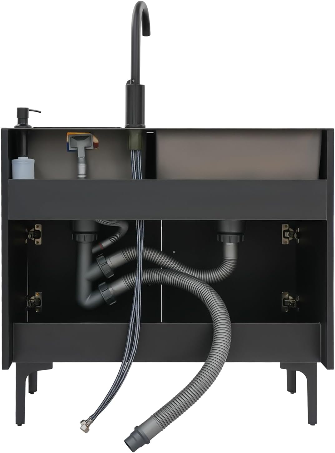 Laundry Sink Cabinet with Stainless Steel Sink and Cold & Hot Faucet, Utility Sink for Laundry/Utility Room, 32 Inch Double Bowl for Bathroom Kitchen and Outdoor, Black