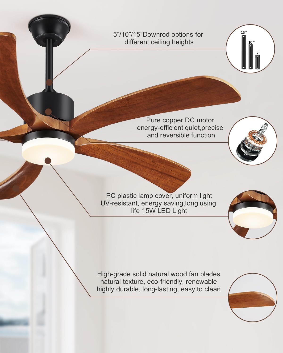 52 Inch Ceiling Fans with Lights Remote Control, 5 Blade Wood Ceiling Fan for Outdoor, 3 Downrods, ETL Listed, Timer, 6 Speeds Noiseless Quiet DC Motor Fan for Patio Bedroom, Yellow Walnut