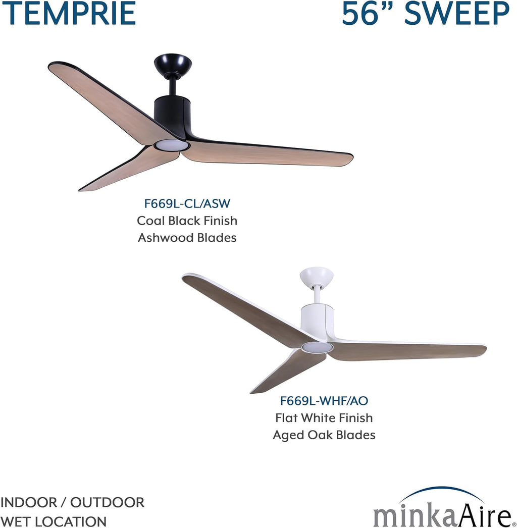 MINKA-AIRE F669L-CL/ASW Tempri 56' 3-Blade LED Indoor/Outdoor Ceiling Fan in Coal Black and Ashwood Finish Blades with Etched Lens