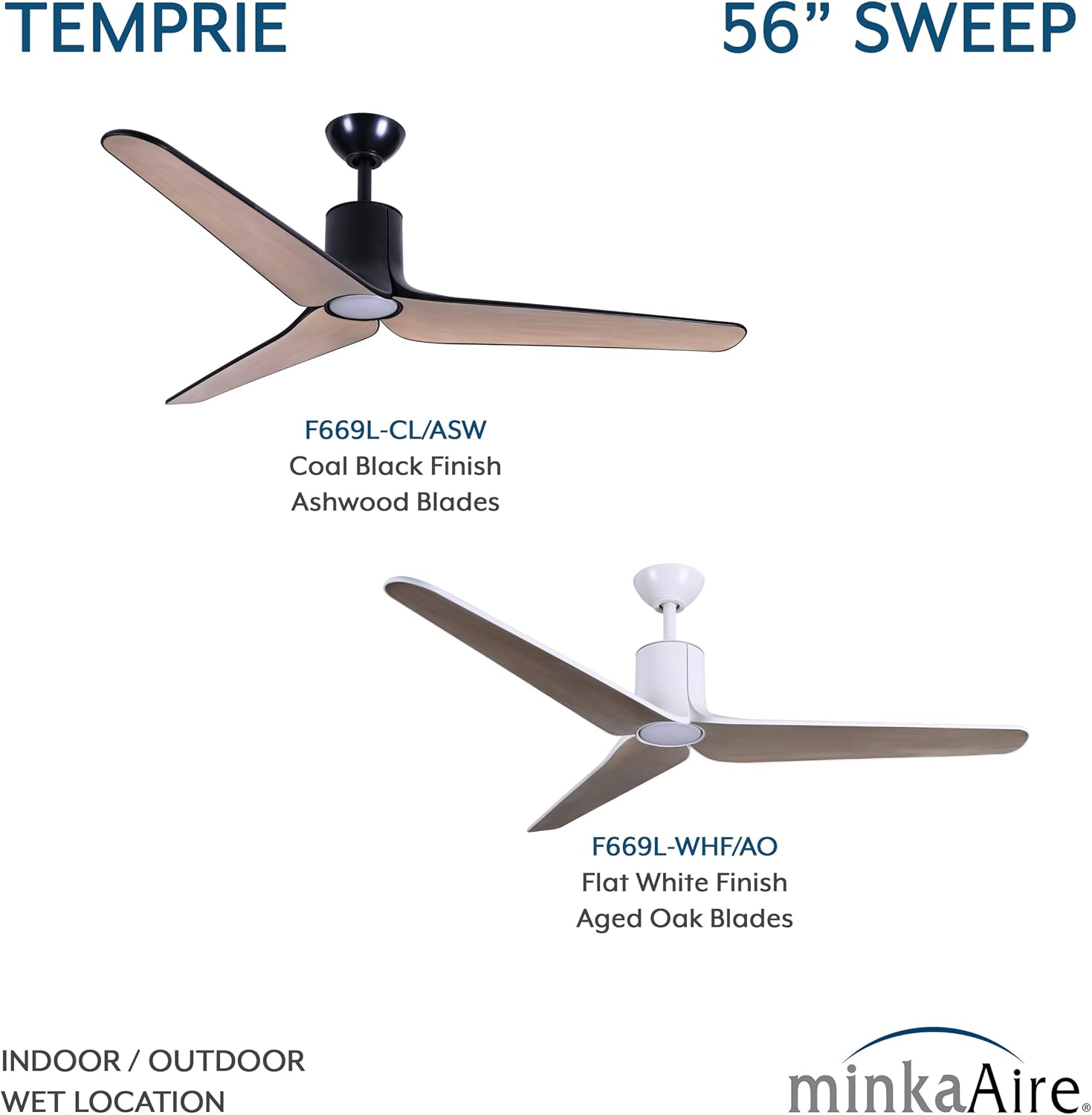 MINKA-AIRE F669L-CL/ASW Tempri 56' 3-Blade LED Indoor/Outdoor Ceiling Fan in Coal Black and Ashwood Finish Blades with Etched Lens