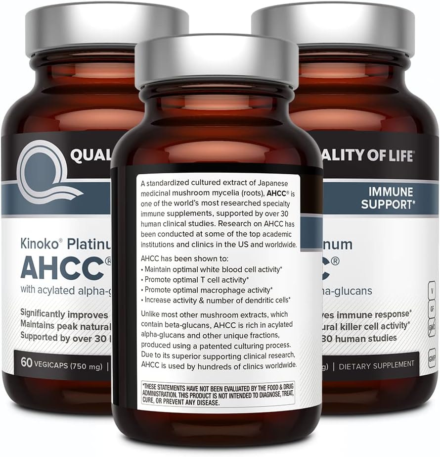 Quality of Life AHCC Kinoko Platinum 750 mg – Premium Immune Support Supplement, Pack of 3-60 Count Bottles