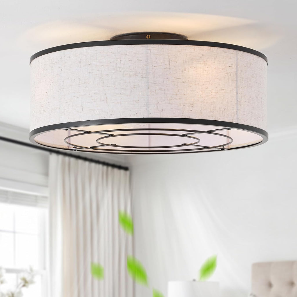 20 Inch Boho Ceiling Fan with Light, Low Profile Flush Mount Caged Ceiling Fan, Bladeless Black Drum Chandelier with Remote, 6 Speed Reversible DC Motor for Bedroom Living Room, Nursery