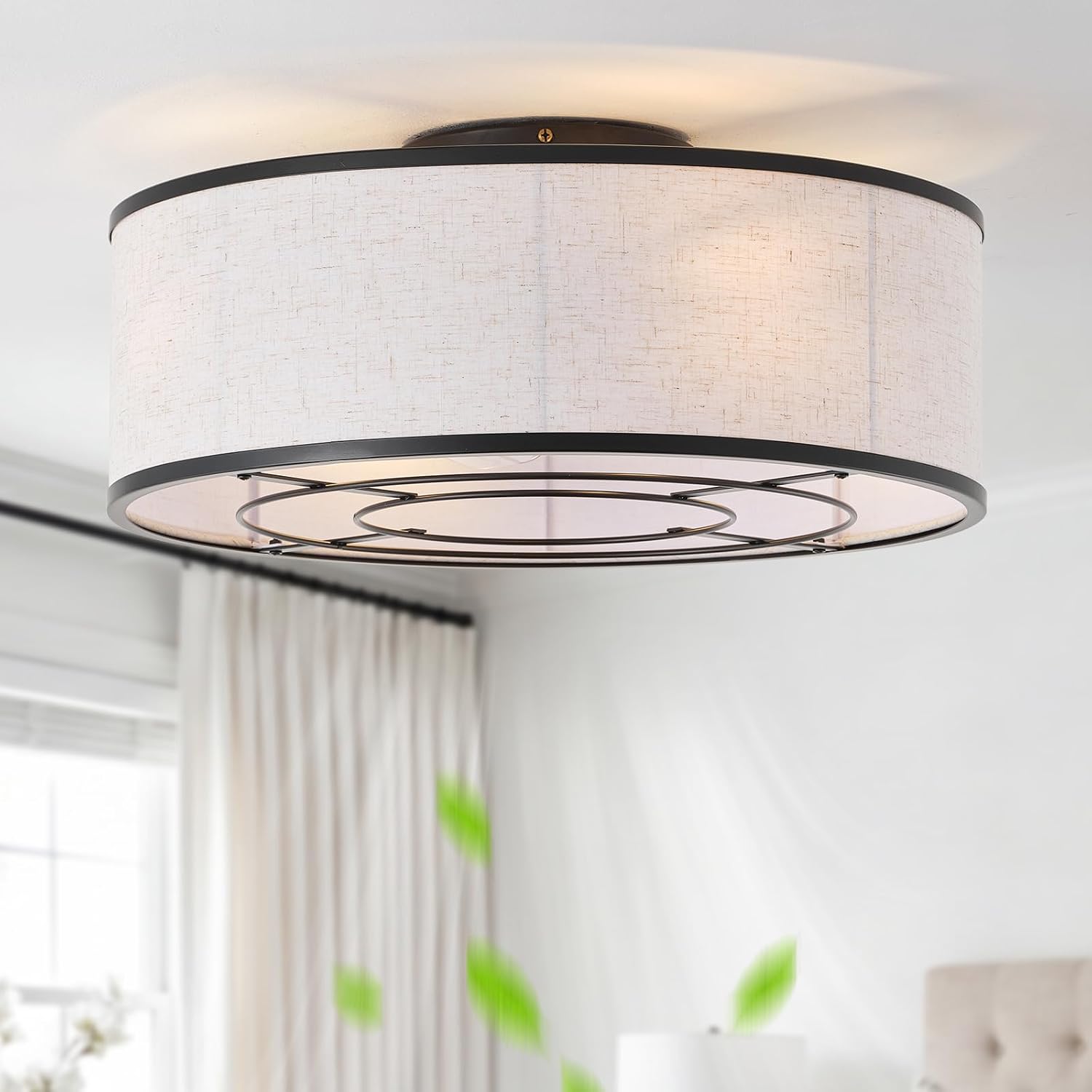 20 Inch Boho Ceiling Fan with Light, Low Profile Flush Mount Caged Ceiling Fan, Bladeless Black Drum Chandelier with Remote, 6 Speed Reversible DC Motor for Bedroom Living Room, Nursery