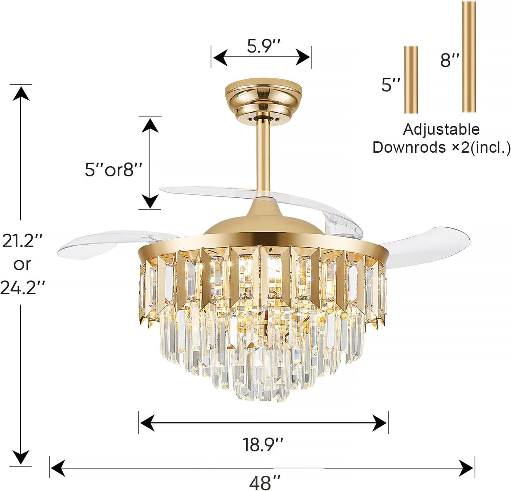TXCSLY 48' Fandelier Ceiling Fan with Light, Crystal Chandelier Fan with Retractable Blades Dimmable Crystal Ceiling Fan Chandelier for Bedroom Living Room Dining Room-Gold