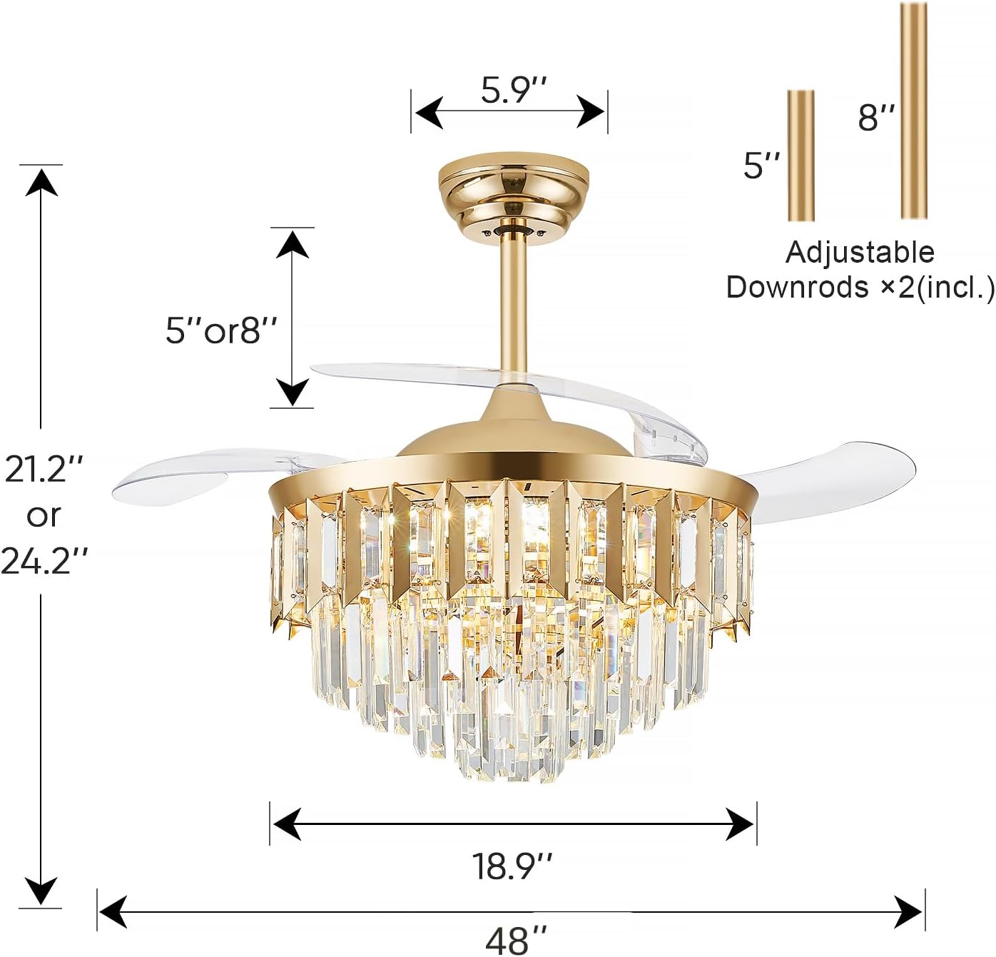 TXCSLY 48' Fandelier Ceiling Fan with Light, Crystal Chandelier Fan with Retractable Blades Dimmable Crystal Ceiling Fan Chandelier for Bedroom Living Room Dining Room-Gold