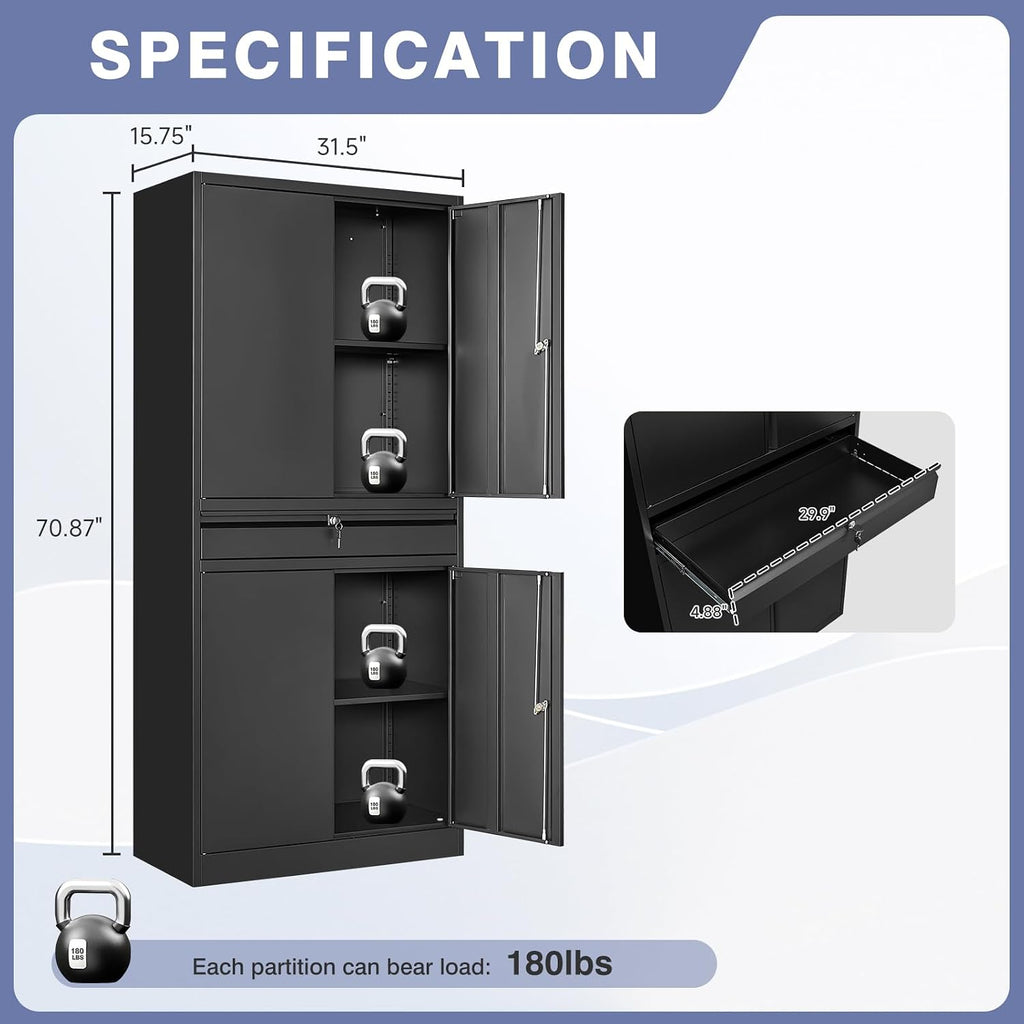 Metal Storage Cabinet with Drawer, Garage Storage Cabinet with Locking Doors and Adjustable Shelves,Tool Steel Cabinet for Garage, Home Office,Warehouse (Black)