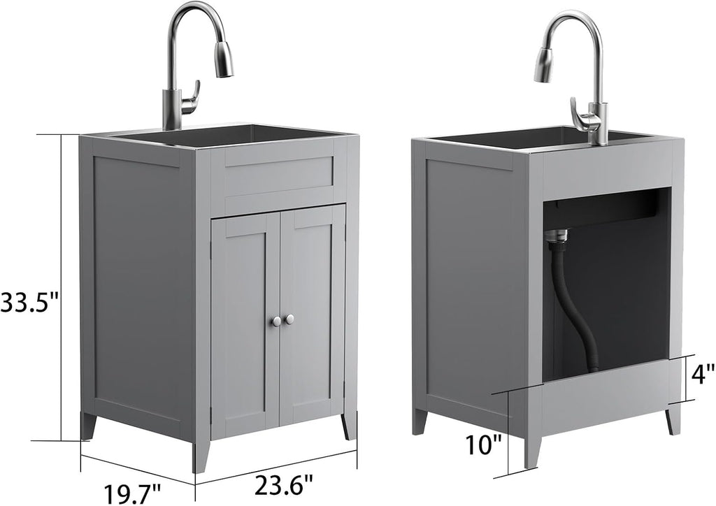 VINGLI 24-Inch Laundry Sink with Cabinet and Pull-Out Sprayer Faucet, Stainless Steel Utility Sink with Cabinet, Grey Cabinet with Sink for Laundry & Utility Room, Kitchen, Bathroom, Basement