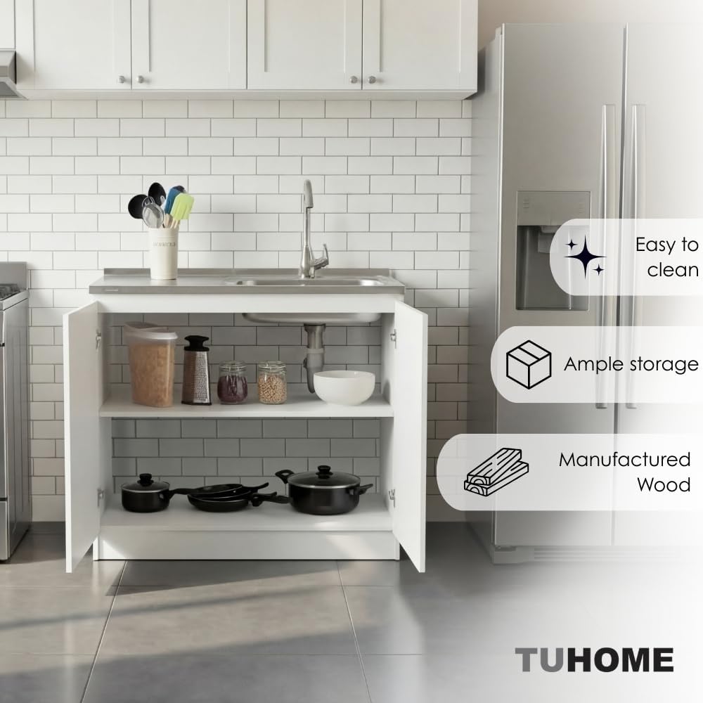 DEPOT E-SHOP Salento Utility Freestanding Sink with Cabinet 35.4' H x 39.3' W - Double Door, Two Shelves, Metal Handles, Aluminum Countertop, White, with Integrated Steel Sink