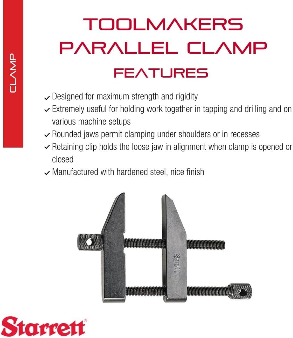 Starrett Toolmakers Parallel Clamp - Ideal for Holding Work in Tapping and Drilling - 2-1/4' Capacity, 1-7/32' Throat Depth, Hardened Steel, Nice Finish - 161C