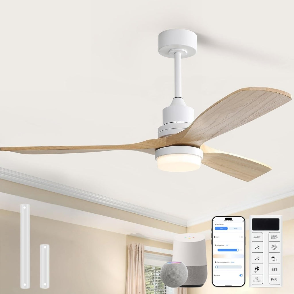 Sofucor 52 Inch Smart Ceiling Fans with Lights and Alexa/Google Assistant/APP/Remote Control-Modern Solid Wood Outdoor 3 Blades Ceiling Fan for Indoor/Bedroom/Living Room/Kitchen/Patio, Natural Wood