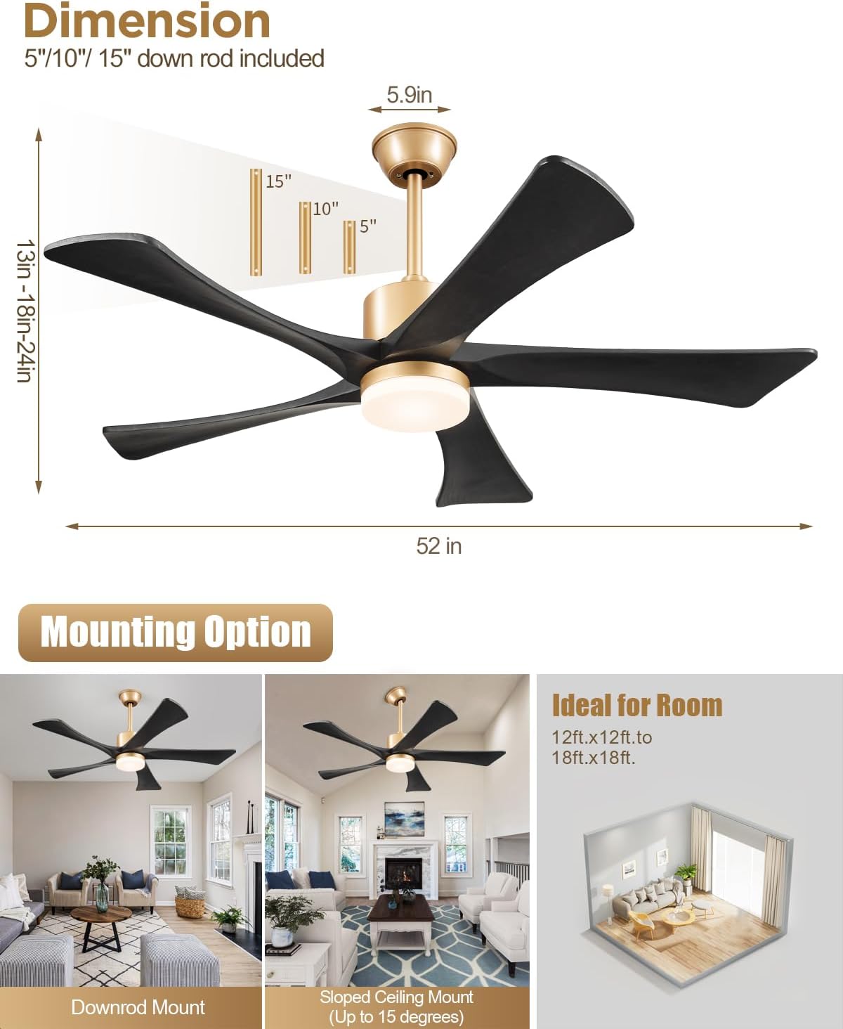 52' Black and Gold Ceiling Fan with Lights and Remote, Indoor/Outdoor Ceiling Fan for Patios, USA Original Patent, ETL Listed, 3 Downrod, 5 Blades, 6 Speeds Reversible DC Motor Fan, 52', Gold Black