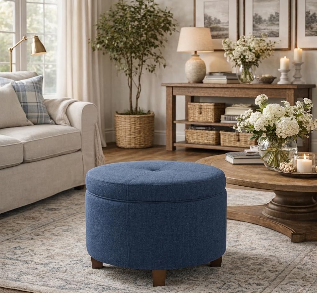 HomePop 24' Large Round Storage Ottoman - Blue Woven Fabric