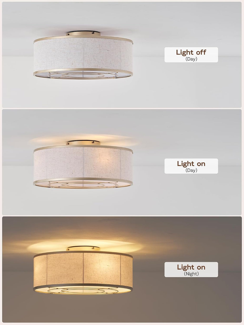 Gold Flush Mount Ceiling Fans with Lights, 20' Caged Boho Ceiling Fan with Light and Remote, Bladeless with 6 Speeds for Bedroom, Nursery, Living Room