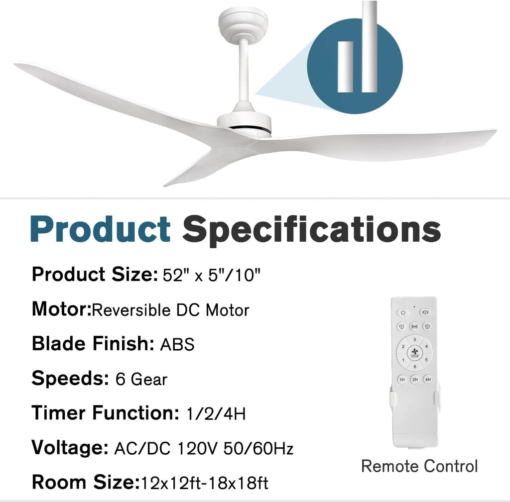 White Ceiling Fan No Light,52' Ceiling Fan Without Light with Remote,3 Blade Reversible,for outdoor indoor Patios/Farmhouse/Bedroom