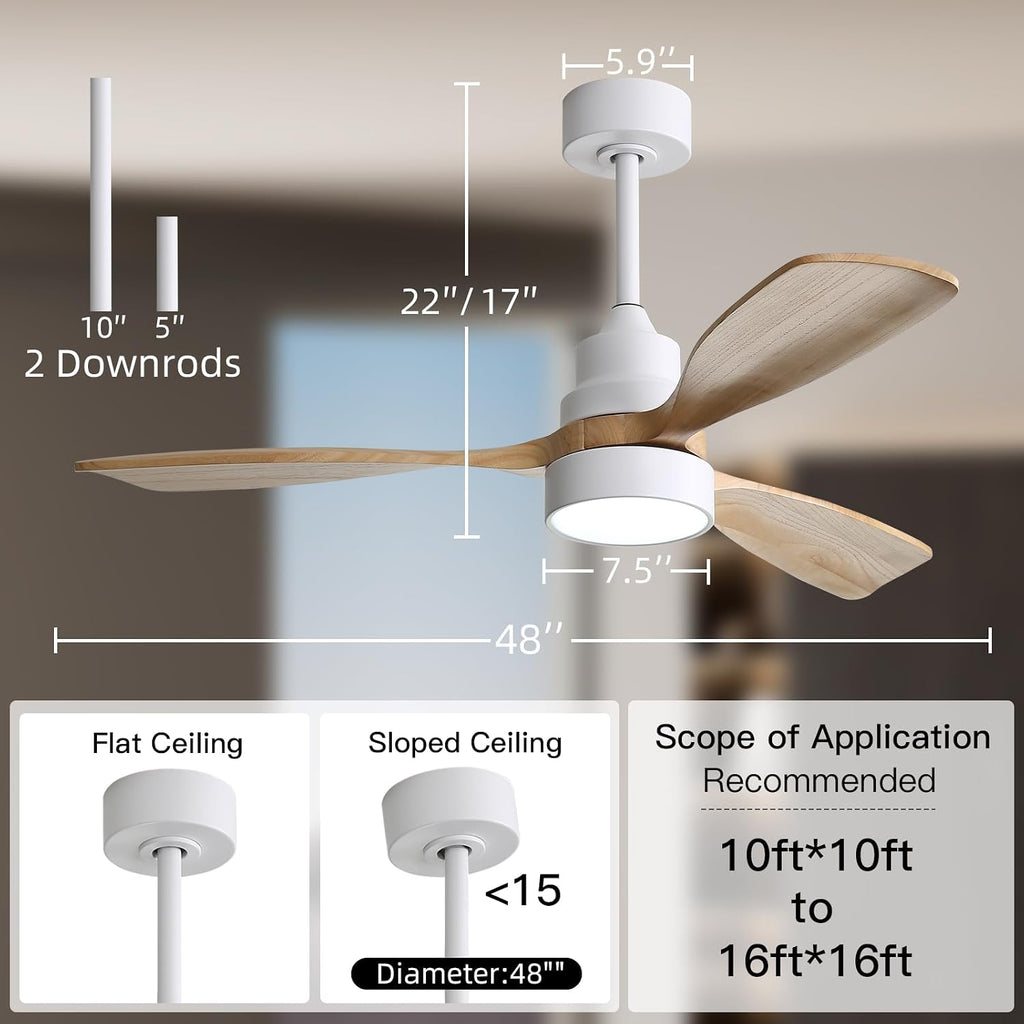 CACI Mall 48 inch Ceiling Fans with Lights, Smart Indoor/Outdoor Ceiling Fan, Remote Control, Compatible with Alexa/Google, Small 3 Blade Solid Wood Ceiling Fans for Bedroom Patio