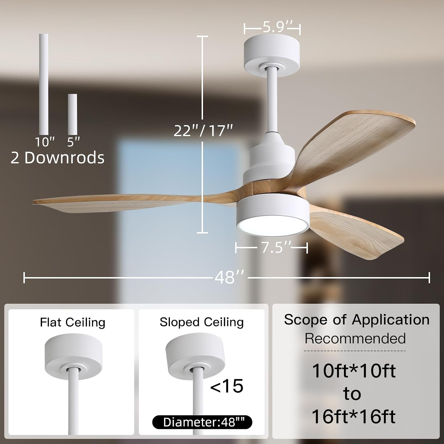 CACI Mall 48 inch Ceiling Fans with Lights, Smart Indoor/Outdoor Ceiling Fan, Remote Control, Compatible with Alexa/Google, Small 3 Blade Solid Wood Ceiling Fans for Bedroom Patio