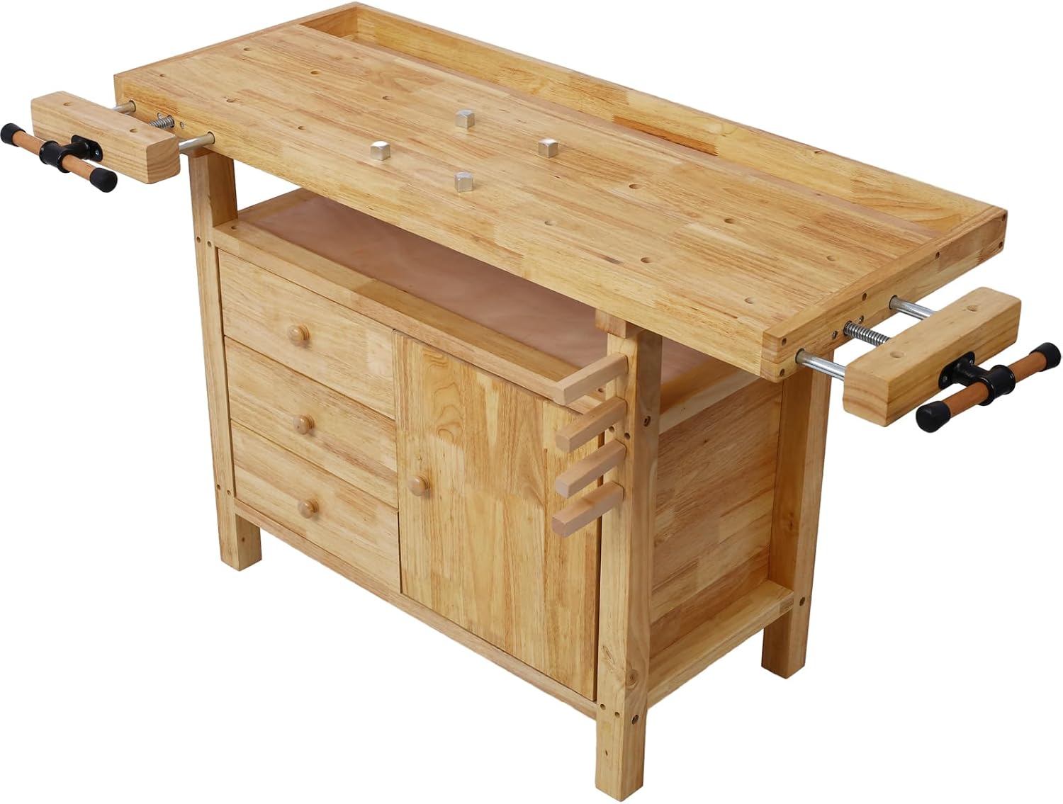 Tidyard Wood Workbench, Heavy-Duty Rubberwood Work Table with 4 Bar Clamps 12 inch x 4-3/4 inch Throat, Sturdy Wooden Garage Workbench with Drawers and Cabinet for Workshop, DIY, and Home Use