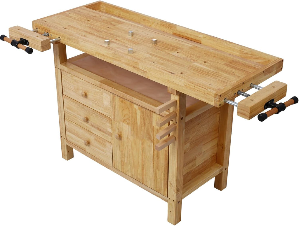 Tidyard Wooden Workbench, Heavy-Duty Rubberwood Work Table with Bar Clamps Set 12 inch and 16 inch, Four Metal Pillars, Drawers and Cabinet Storage for Garage Workshop Home DIY Projects