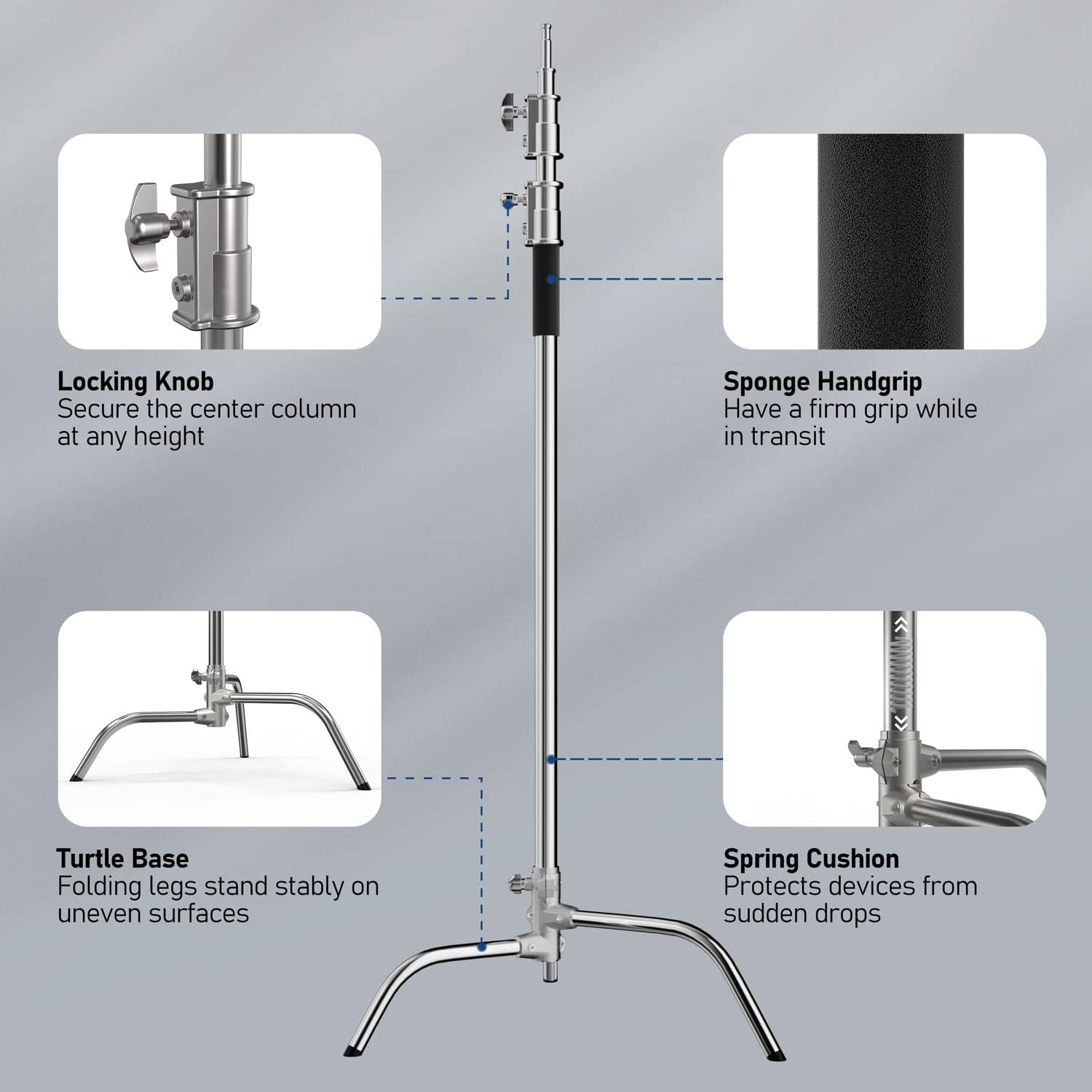 2 Pack Photography C Stand with Boom Arm: 100% Stainless Steel - Max Height 10.5ft/131inch Heavy Duty Light Stand, with 4.2ft/50inch Holding Arm, Grip Head, Sandbag, Backdrop Clamp