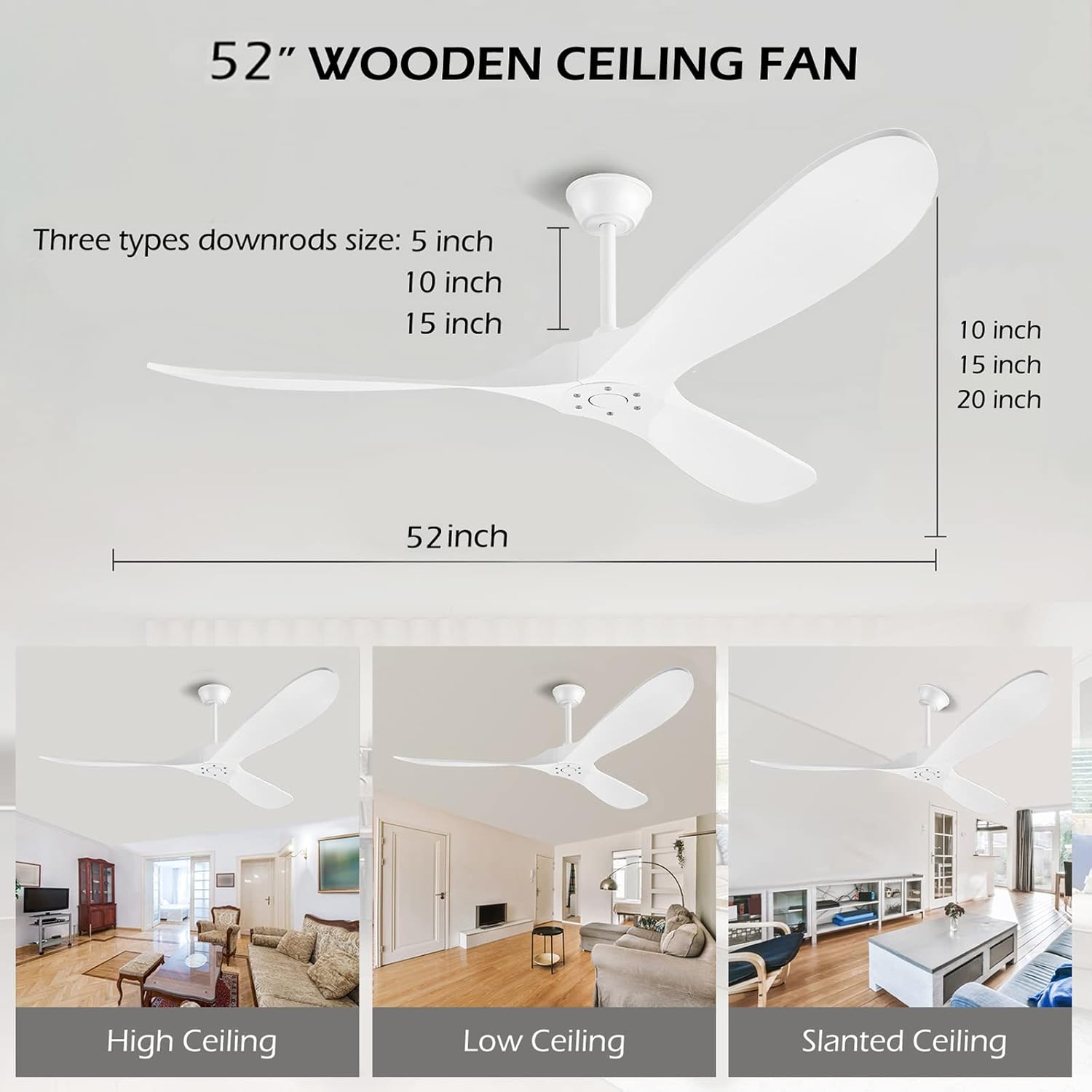 52 Inch White Ceiling Fan No Light ，Wood Outdoor Ceiling Fans for Patios Living Room Bedroom Dc Reversible Modern Ceiling Fan Without Light with Remote Control