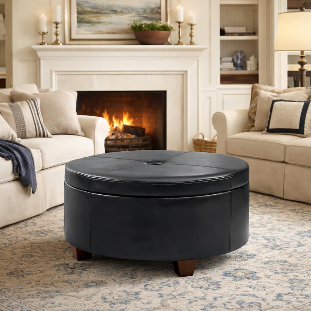 HomePop 32' Large Tufted Round Storage Ottoman - Black Faux Leather