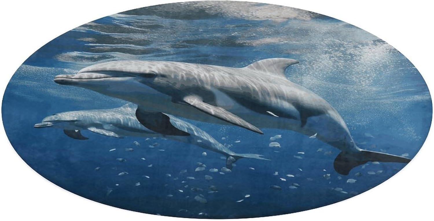 Cute Dolphins Coral Velvet Round Floor Mat Non-Slip Bath Rug Floor Covering for Bathroom Vanity Guest Suite & Vacation Home