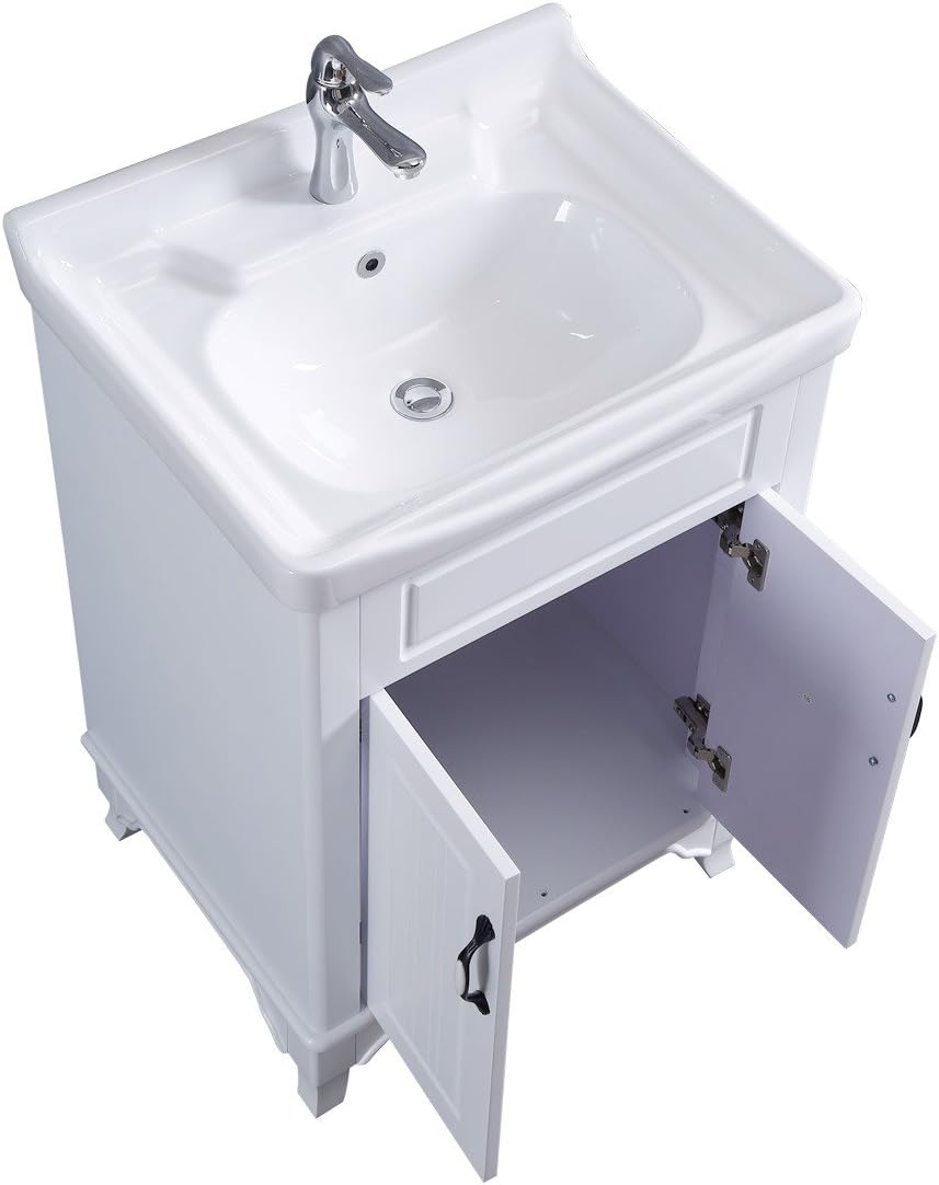 Renovators Supply Manufacturing Adeline White Wooden Cabinet Vanity Sink 24.25' W Large Free Standing Bathroom Sink Combo with Cabinet, Basin Sink, Overflow, Drain, Backsplash and Hardware