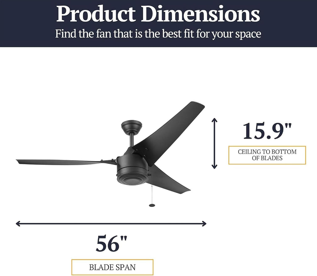 Prominence Home Talib 56 Inch Flush Mount Ceiling Fan, No Light, Indoor Low Profile Hugger Fan, 3 Dual-Finish Blades, Pull Chain Control, Matte Black