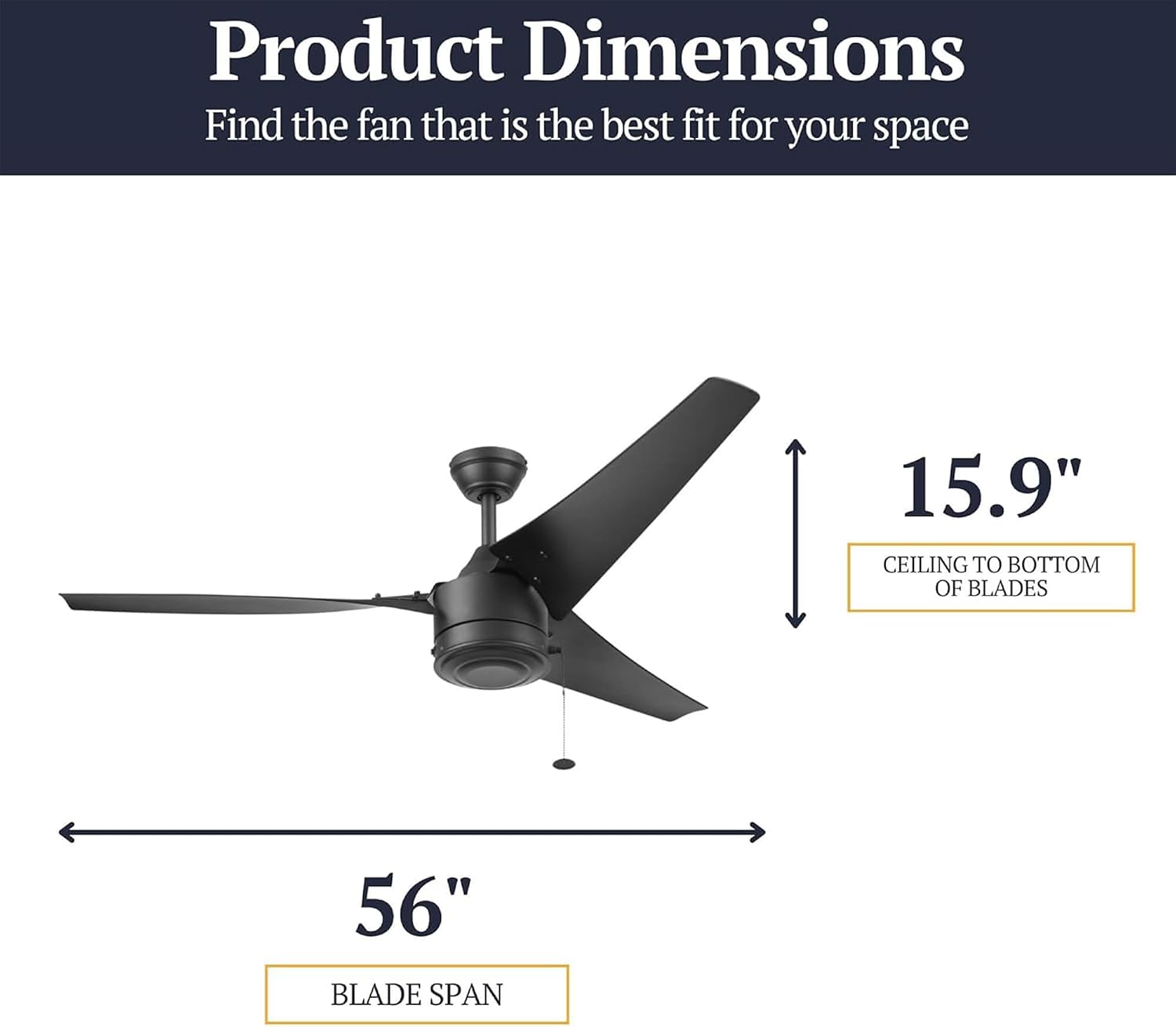 Prominence Home Talib 56 Inch Flush Mount Ceiling Fan, No Light, Indoor Low Profile Hugger Fan, 3 Dual-Finish Blades, Pull Chain Control, Matte Black