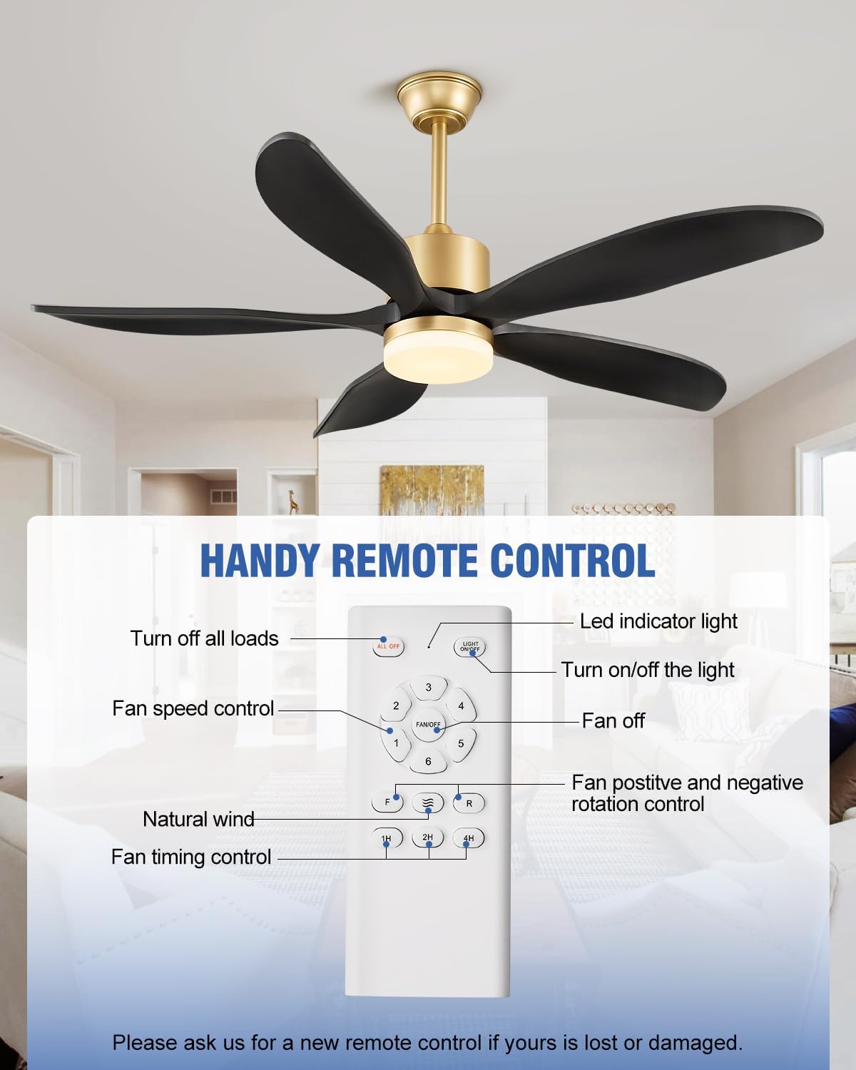 52 Inch Wood Ceiling Fan with Light and Remote, Original USA Patent Outdoor Ceiling Fan, 5 Wood Blades, 3 Downrods, Timer, 6 Speed ETL Certified DC Motor Ideal for Patio Porch Bedroom, Black and Gold
