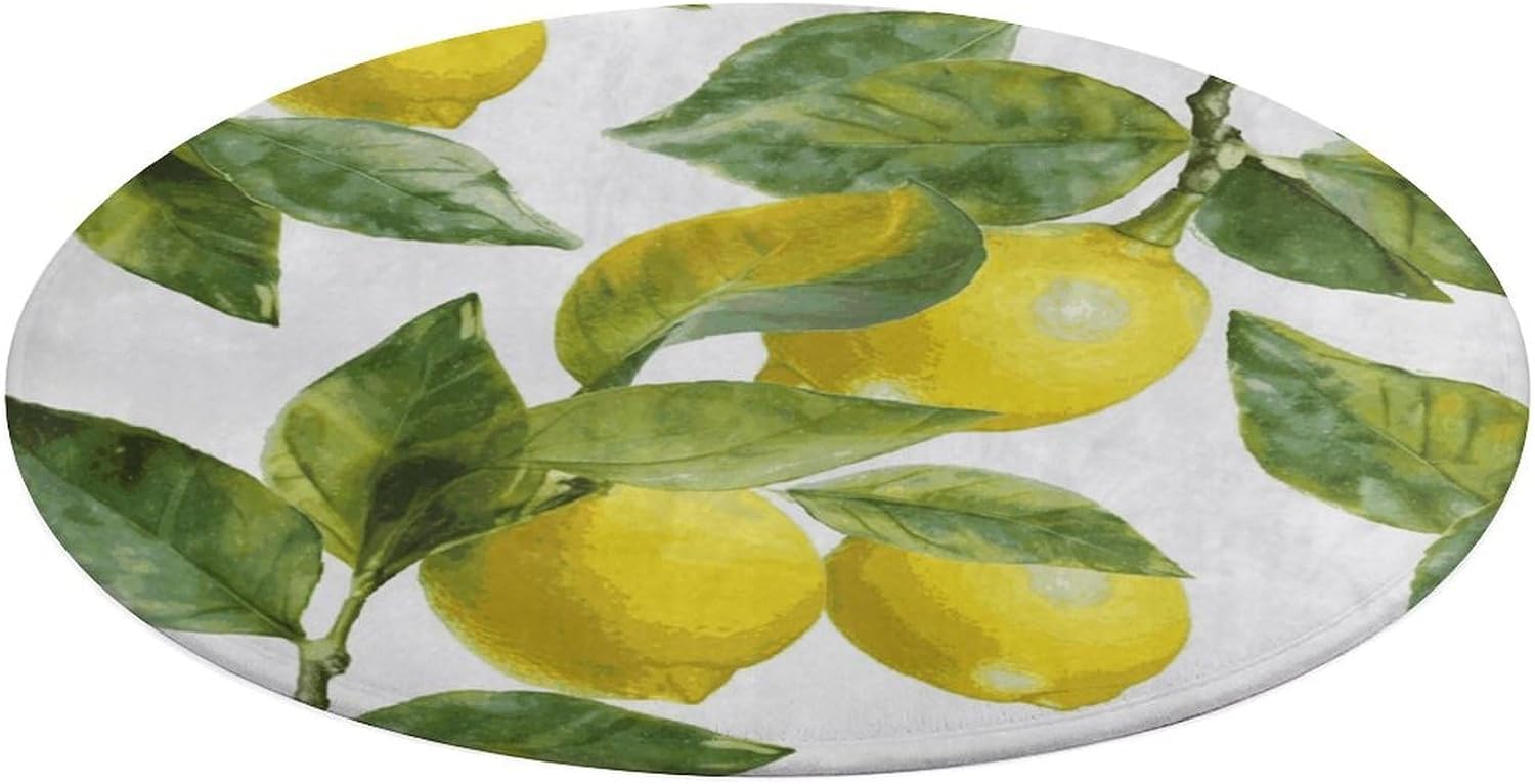 Lemon Branch Leaves Coral Velvet Round Floor Mat Non-Slip Bath Rug Floor Covering for Bathroom Vanity Guest Suite & Vacation Home