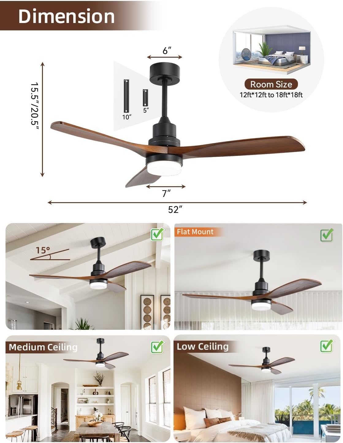Sofucor 52 Inch Smart Ceiling Fans with Lights and Alexa/Google Assistant/APP/Remote Control-Modern Solid Wood Outdoor Walnut 3 Blades Ceiling Fan for Bedroom Living Room Farmhouse Patio, Brown Black
