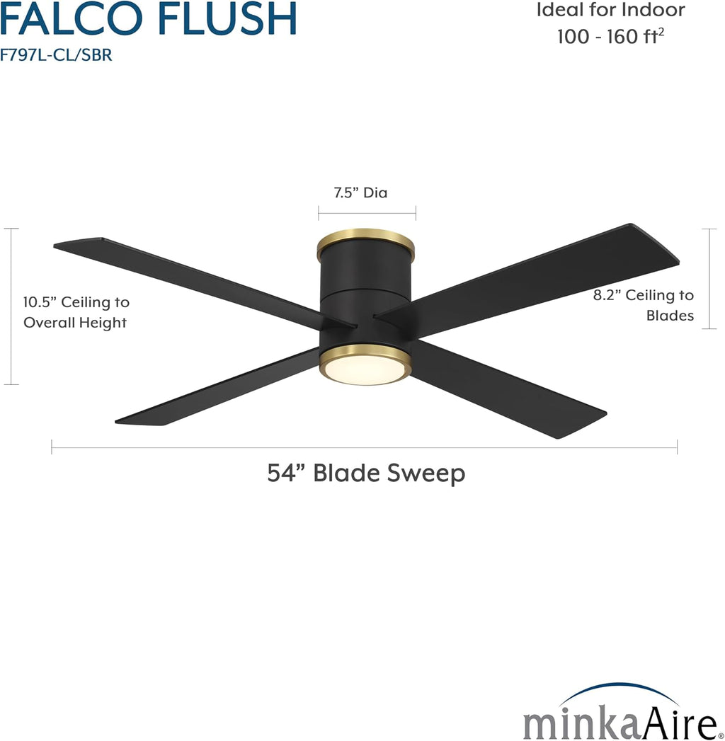 MINKA-AIRE F797L-CL/SBR Falco 54' 4-Blade LED Flush Mount Ceiling Fan - Coal and Soft Brass Finish with Etched Lens
