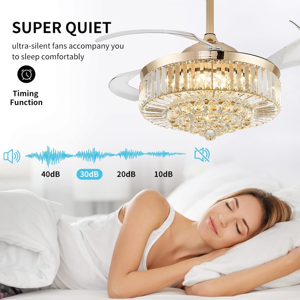 42'' Fandelier Ceiling Fans with Light, Chandelier Ceiling Fan, Retractable Crystal Ceiling Fan for Bedroom, Living Room, 3 Color Change, LED Dimmable, 6 Speeds, Reversible DC Motor-Gold