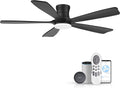 52'Wood Smart Flush Mount Ceiling Fans with Lights Remote,Control via WIFI Alexa Google App,6 Speed,Quiet DC Motor,Modern Black Outdoor Indoor Low Profile Ceiling Fan for Bedroom Patio Porch