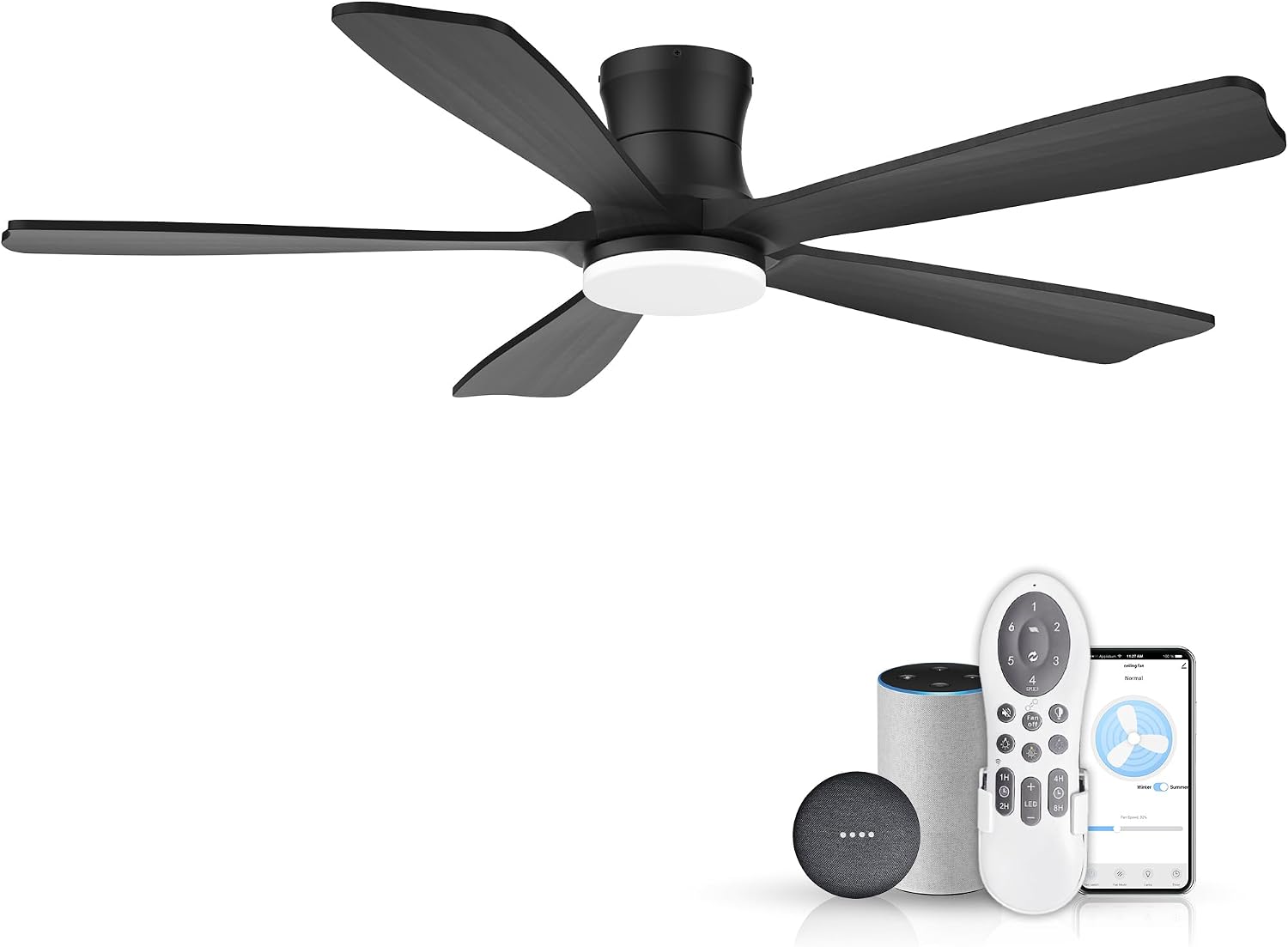 52'Wood Smart Flush Mount Ceiling Fans with Lights Remote,Control via WIFI Alexa Google App,6 Speed,Quiet DC Motor,Modern Black Outdoor Indoor Low Profile Ceiling Fan for Bedroom Patio Porch