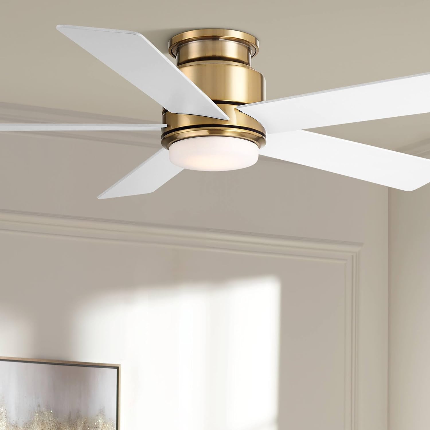 Casa Vieja 52' Grand Palm Modern Indoor Outdoor Ceiling Fan 5 Blade LED Light Remote Control Soft Brass Finish White Wood Blades Bedroom Patio Living Room Kitchen Porch Hugger Damp Rated Flush Mount