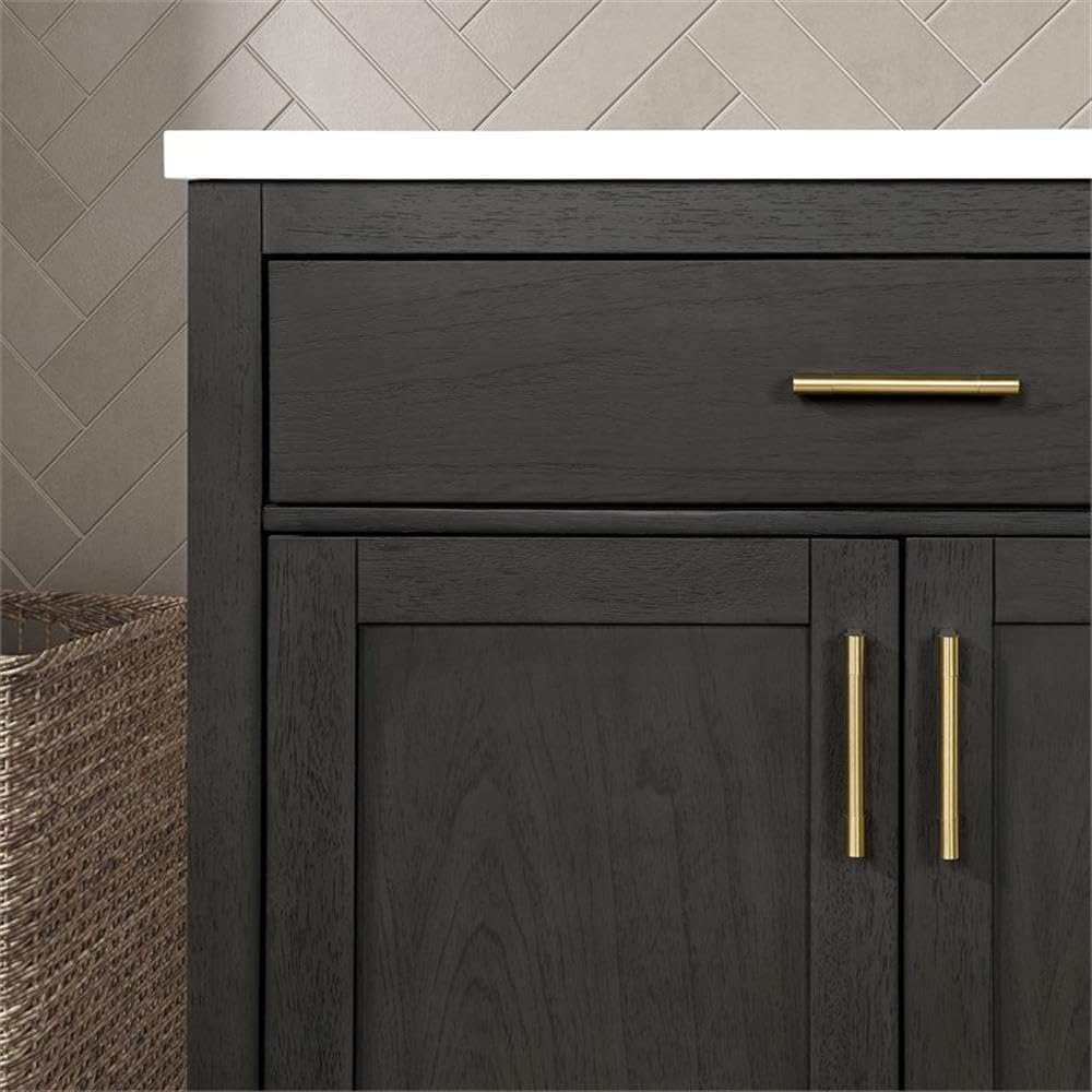 Pemberly Row 36' Bathroom Vanity, Matte Black Wood Finish, White Quartz Countertop, 20' Rectangular Undermount Sink, 2 Soft-Close Doors, Adjustable Shelf, Traditional Shaker Style for Small Bathroom