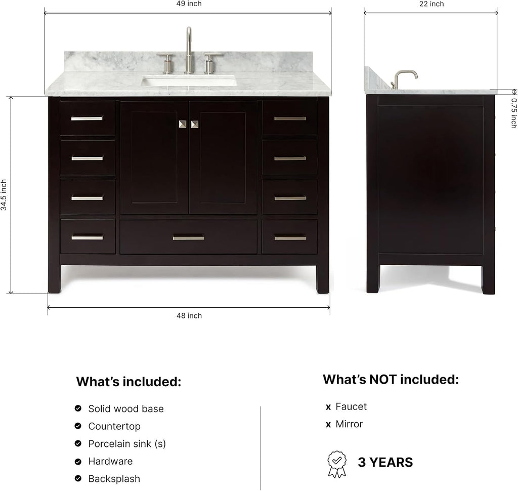 ARIEL Cambridge 48-inch Bathroom Vanity with Sink,Solid Wood, 0.75-inch Italian Carrara Marble Countertop, Single Rectangular Porcelain Sink, 2 Soft Closing Doors, 9 Dovetail Drawers, Espresso