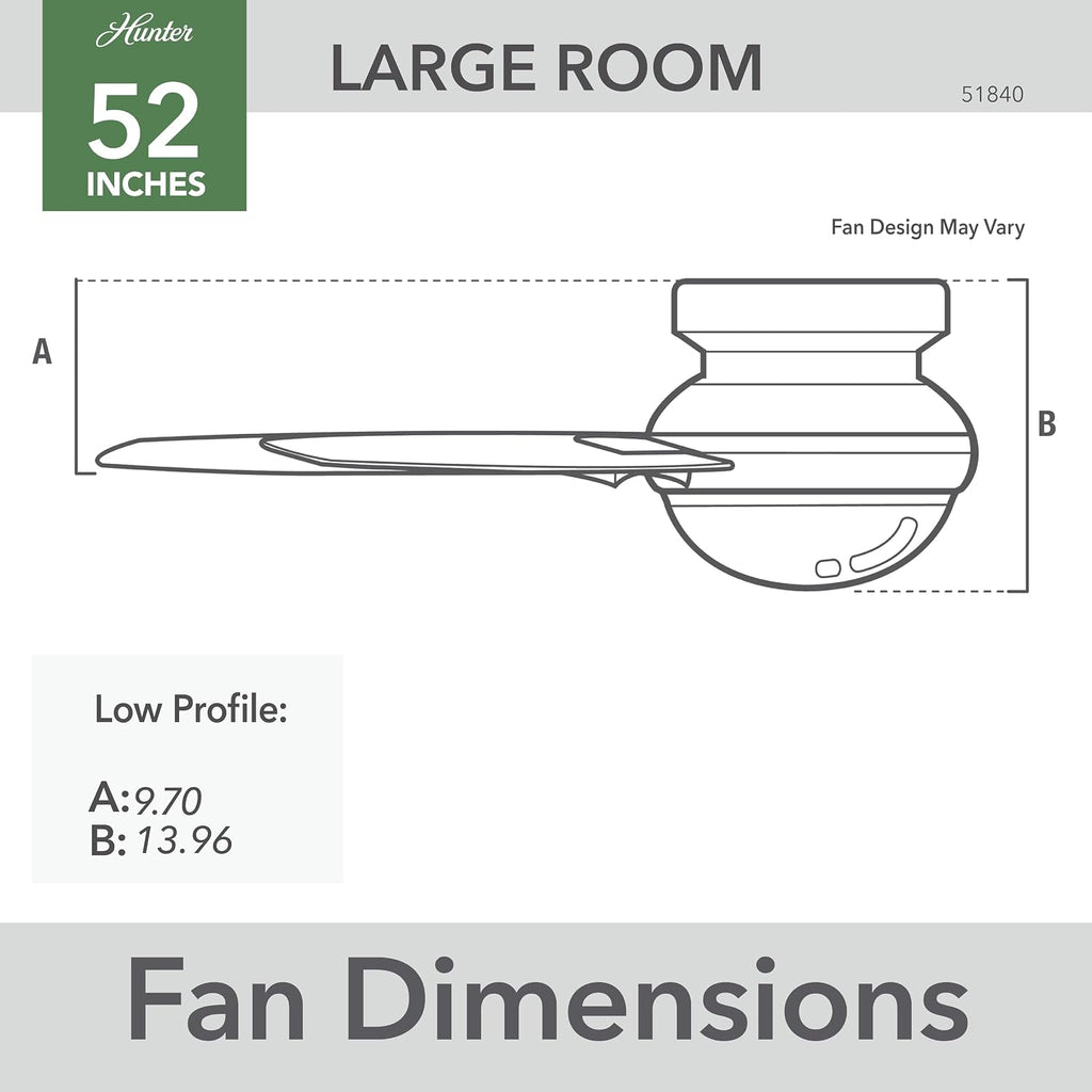 Hunter 52 inch Outdoor or Indoor Ceiling Fan with LED Light and Remote Control - Low Profile Mount Ceiling Fan, 3 Blades, For Patio, Porch, Garage, or Living Room, Quiet - Gilmour 51840, Matte White