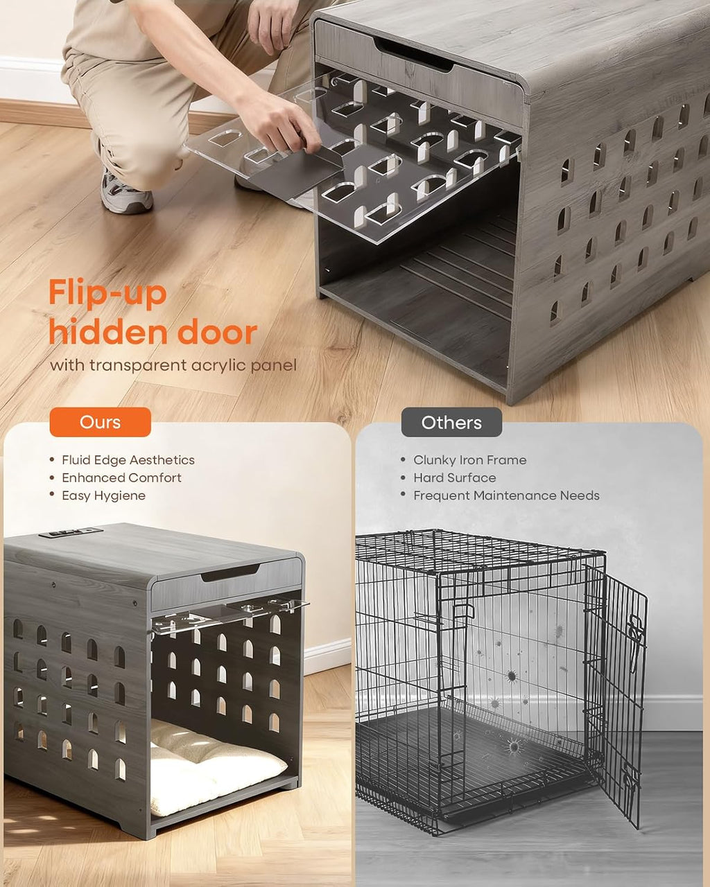 Modern Dog Crate Furniture with Charging Station Medium Kennel Indoor with Flip-up Hidden Acrylic Door for Small and Medium Breeds up to 50lb Wood Pet End Side Table Cage, Grey