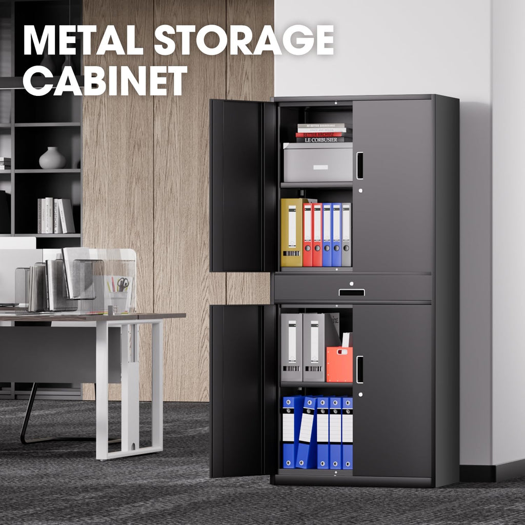 DNA Motoring 71'' Metal Storage Cabinet, Locking Tool Cabinet with 1 Drawer and Adjustable Shelves, Lockable Heavy Duty Metal Locker for Garage,Office,Home,Gym, Black, TOOLS-00629-BK-BK-A