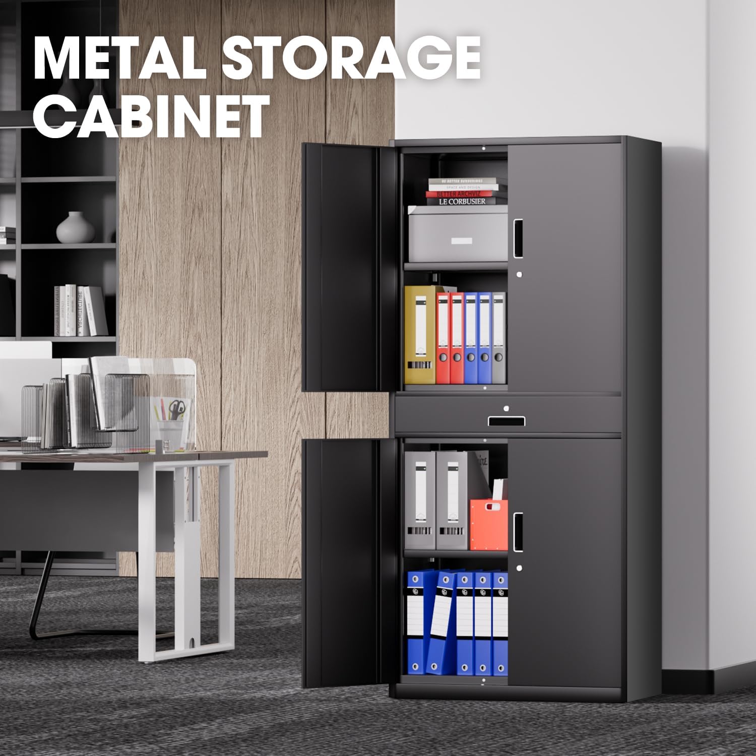DNA Motoring 71'' Metal Storage Cabinet, Locking Tool Cabinet with 1 Drawer and Adjustable Shelves, Lockable Heavy Duty Metal Locker for Garage,Office,Home,Gym, Black, TOOLS-00629-BK-BK-A
